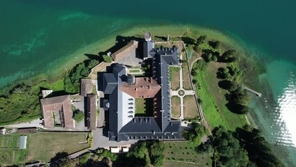 Aerial view of Abbey of Hautecombe, or Abbaye d'Hautecombe, in Savoie, France