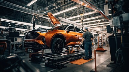 A mechanic in a car factory is installing engines for cars on the production line inside the factory.