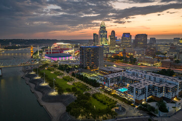 Urban landscape USA. Downtown district of Cincinnati in Ohio state at night. American city skyline...