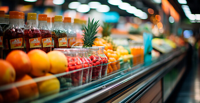 Grocery store, fruit counter, juice drinks close-up - AI generated image