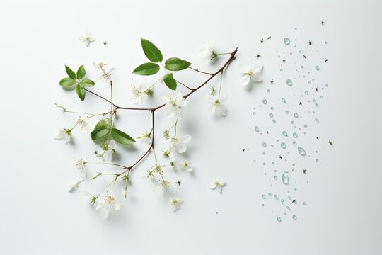A minimalist and abstract background image for creative content, featuring a clean white background adorned with delicate white wildflowers and glistening raindrops. Photorealistic illustration