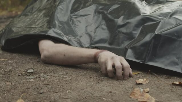 Selective focus of murder scene with unrecognizable dead body lying on cold ground under black plastic bag and pale arm with signs of struggle on wrist looking out and autumn leaves