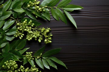 A customizable close-up image featuring green leaves carefully arranged on a black wood table, providing a versatile and visually appealing background. Photorealistic illustration