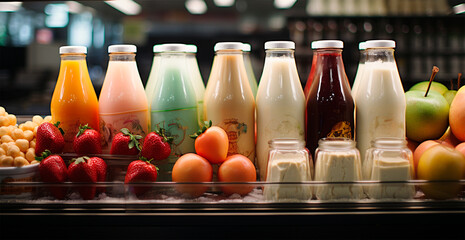 Milk, kefir, dairy products in a store, refrigerated display case in a supermarket - AI generated image - obrazy, fototapety, plakaty