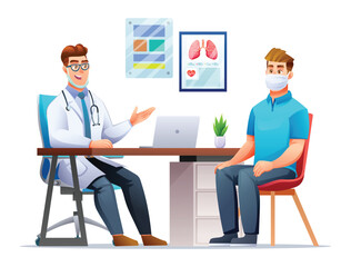 Doctor talking to patient in hospital office. Medical consultation in clinic. Vector cartoon character illustration