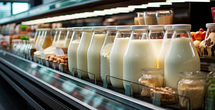 Milk, kefir, dairy products in a store, refrigerated display case in a supermarket - AI generated image