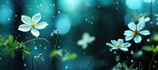 In this wide-format image, there's room for customization as it captures a frozen moment of rain, showcasing raindrops delicately resting on a white flower. Photorealistic illustration
