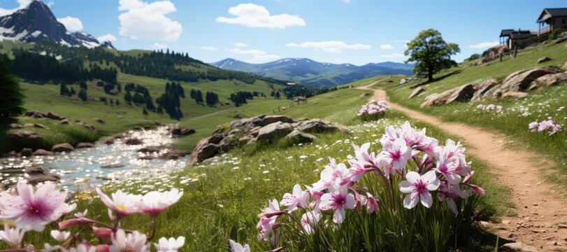 In this wide-format background image, vibrant pink flowers adorn a hill, set against a backdrop of lush green hills and distant mountains. Photorealistic illustration