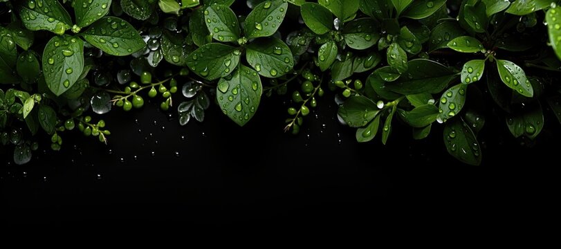 In this customizable background image, raindrops elegantly adorn lush green leaves against a black backdrop. Photorealistic illustration