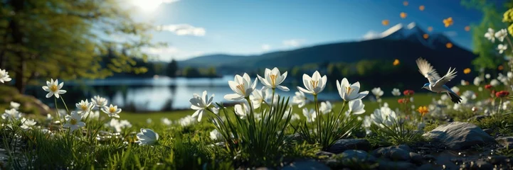 Fotobehang A panoramic view captures white flowers with a bird in flight, featuring a soft focus for depth, while a distant lake and mountains add to the serene backdrop. Photorealistic illustration © DIMENSIONS