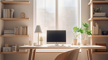 Clean, bright and empty home office interior organized with a computer and desk inside. Modern, contemporary and work space view of a decorated room with stylish decor and wooden furniture indoors