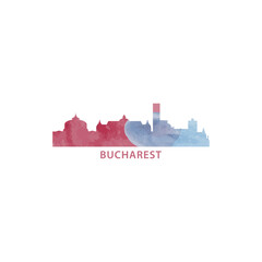 Naklejka premium Bucharest watercolor cityscape skyline city panorama vector flat modern logo, icon. Romania emblem concept with landmarks and building silhouettes. Isolated graphic
