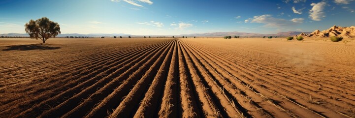 The wide-open farm, meticulously plowed, unfolds in a panoramic view, inviting a sense of vastness and tranquility. Photorealistic illustration - obrazy, fototapety, plakaty