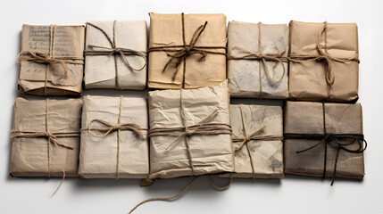 Stack of old letters wrapped with twine on white background, top view. generative AI.