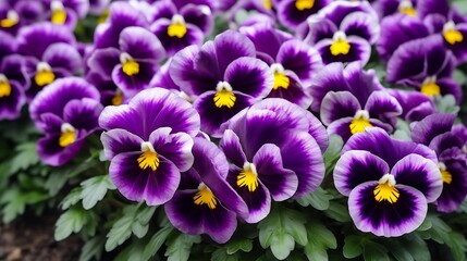 Purple Violet Pansies, Tricolor Viola Close up, Flowerbed with Viola Flowers, Heartsease, Johnny Jump up or Three Faces in a Hood Flower Texture Background : Generative AI