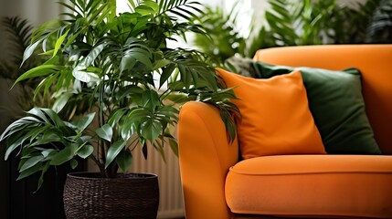 Green potted houseplants close to orange couch. Living room in apartment with interior design in the style of the 60s. Old fashioned furniture in lounge with armchair and sofa against  : Generative AI - Powered by Adobe
