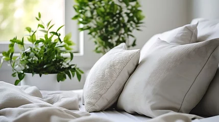 Outdoor-Kissen Gray coat and pillows on bed in house or hotel. Scandinavian styled with green plants living room interior in art deco apartment. Relax calm eco friendly leisure concept. Copy space ba : Generative AI © Generative AI