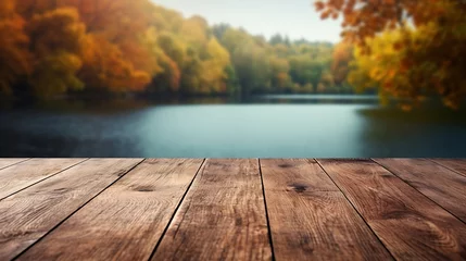 Poster Autumn background, close up of old empty wooden table over the lake with copy space : Generative AI © Generative AI