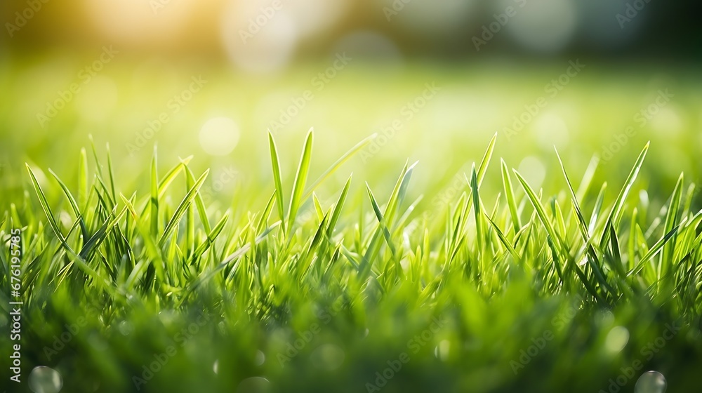 Poster fresh green grass field on blurred bokeh background close up, ears on meadow soft focus macro, beaut