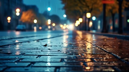 Autumn rainy night in the city. Empty street. Parked cars. Light from shop windows is reflected on...