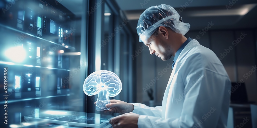 Poster doctor use robotic and innovative medical technology diagnose and examine patient brain with intelli