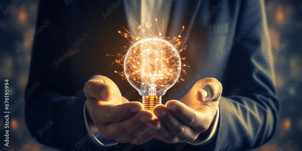 Aufkleber businessman holding light bulb and brain inside, idea and imagination, creative and inspiration, sci