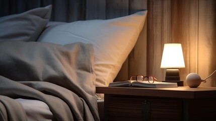 Close-up fragment of bedroom with empty bedside table, reading lamp and a USB socket in modern interior​ design home or hotel. Soft pillow and blanket, stylish comfortable furniture. S : Generative AI