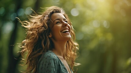 Overjoyed happy woman enjoying the green beautiful nature woods forest around her - concept of female people and healthy natural lifestyle - happiness emotion and adult lady opening ar : Generative AI - obrazy, fototapety, plakaty
