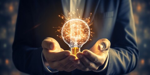 Businessman holding light bulb and brain inside, Idea and imagination, Creative and inspiration, Science innovation with network connection, Solution analysis and development, Innovati : Generative AI