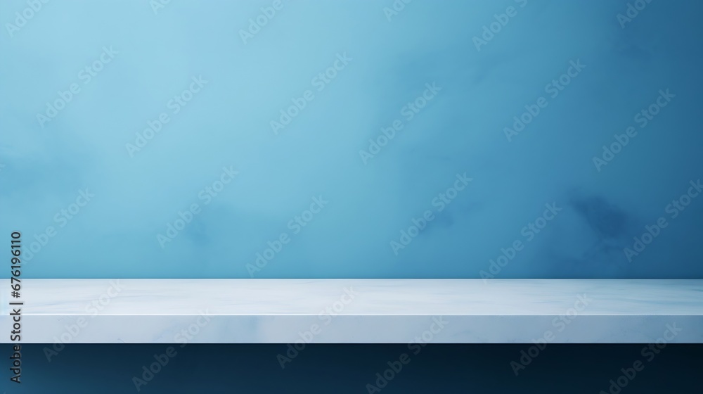 Poster blue bakcground empty room minimal kitchen table podium bar mockup light scene smooth abstract count