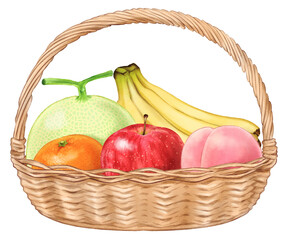 A basket with fruits (melon, banana, mandarin orange, apple, peach) painted with digital watercolor