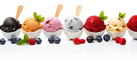 ice cream scoops of different colors and flavours with berries, nuts and fruits decoration isolated...