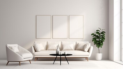 super white simple clean and stylish interior with modern furniture in nude color and contrasting...