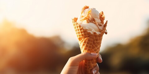 Woman's hands holding melting ice cream waffle cone in hands on summer light nature background : Generative AI - obrazy, fototapety, plakaty