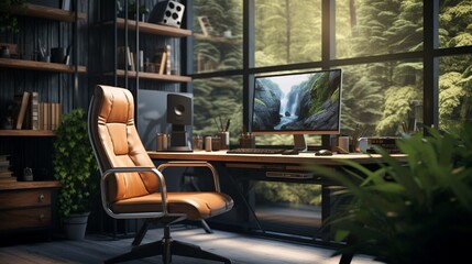 Comfortable office chair near table with modern computer