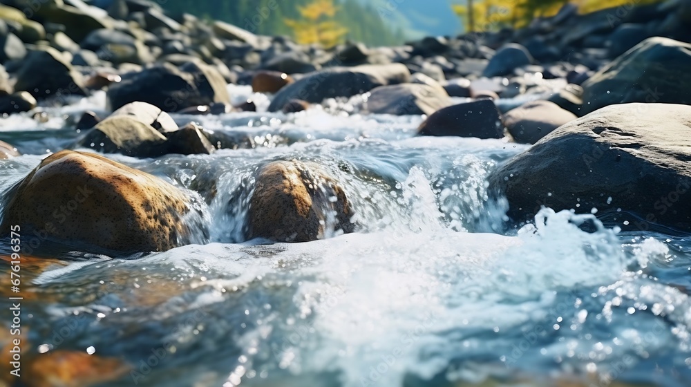 Aufkleber streams of water between mountain stones in close-up. beautiful alpine river stream with fast runnin