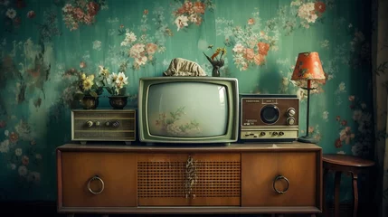 Foto op Plexiglas Example of Old Soviet Russian poor interior in Khruschev House. Aged sideboard, tv set, curtains, kitchen furniture. Shabby floor. Tattered wallpaper on wall. Carpet as decor. Apartmen : Generative AI © Generative AI