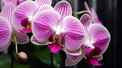 White Phalaenopsis or Moth orchid flowers with pink spotted in the flower dome isolated on darken background. Close-up. Copy space. : Generative AI