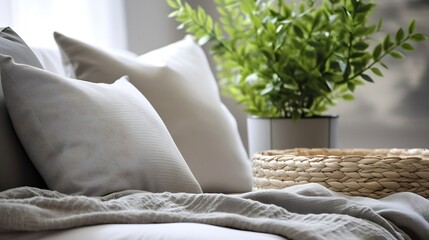 Gray coat and pillows on bed in house or hotel. Scandinavian styled with green plants living room interior in art deco apartment. Relax calm eco friendly leisure concept. Copy space ba : Generative AI