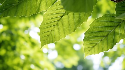 Close up view through the leaves of a maple tree, with pale green leaves and warm sunny light : Generative AI