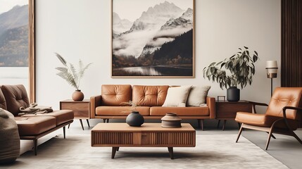 Scandi styled living room interior in art deco Australian apartment : Generative AI - obrazy, fototapety, plakaty