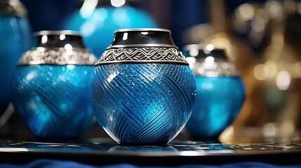 Three blue vases on a metallic coffee table. : Generative AI