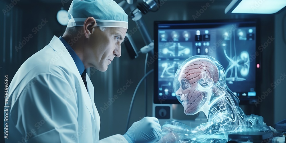 Poster doctor use robotic and innovative medical technology diagnose and examine patient brain with intelli