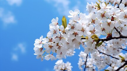 Branches of blossoming cherry white flowers on blue sky background, close-up. : Generative AI