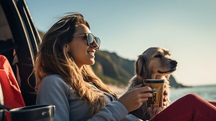 Young woman enjoying drink in mug while beach car camping with dog : Generative AI