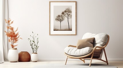 Modern living room interior with mock up poster frame, rattan armchair, modular sofa, grey rug, slippers, beige pillow, ladder, vase with dried flowers and personal accessories. Home d : Generative AI