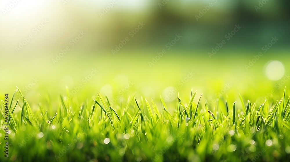 Poster fresh green grass field on blurred bokeh background close up, ears on meadow soft focus macro, beaut