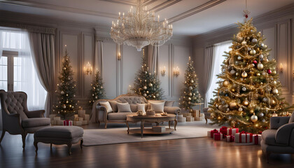 Fototapeta na wymiar Luxurious, stylish and modern living room with Christmas tree