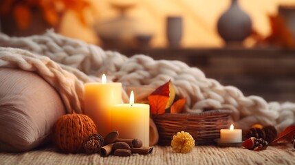 Fototapeta na wymiar Autumn mood, cozy fall home atmosphere. Aroma diffuser, pumpkins, knitted warm sweaters, burning candles, dry leaves on wooden table. Concept of house decor, apartment seasonal fragran : Generative AI