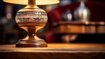 put a art deco lamp on a oak side table. This expensive antique furniture is made in England. blurred background with soft focus image. : Generative AI